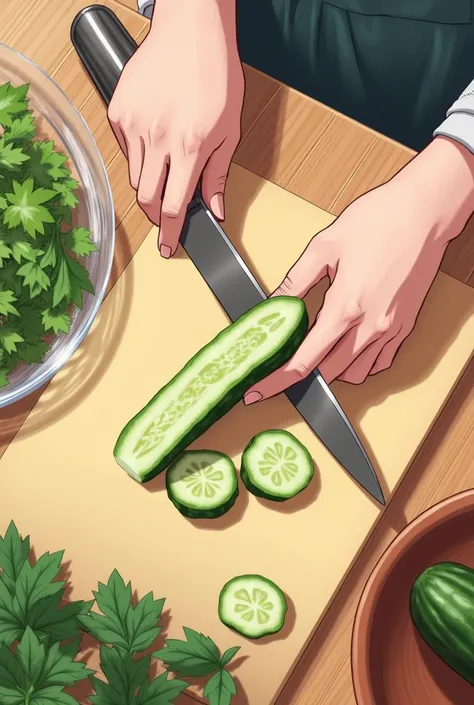  Womens hands slicing cucumber for salad. Top view of table and hands .  anime drawing 