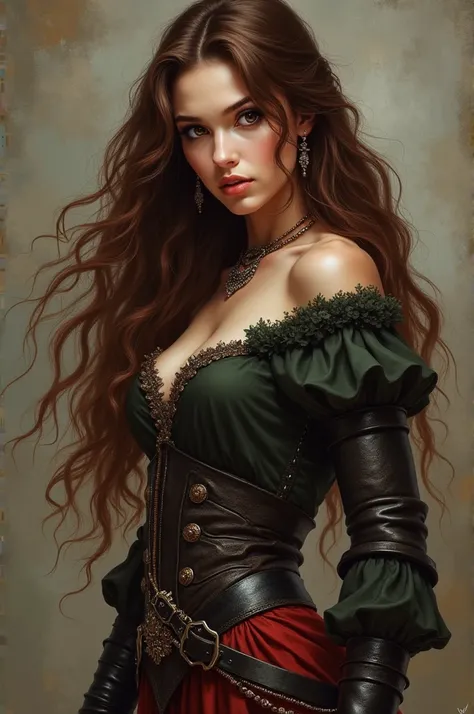 ((best quality)), ((masterpiece)), (detailed), perfect face draw a girl named bubochka with long wavy brown hair with brown eyes with a European face type, a slender, sexually attractive middle-age provocative outfit with medieval weapons, her face should ...