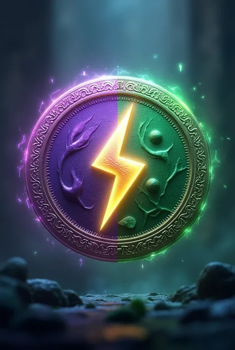 Coin with purple color on the left green color on the right and lightening symbol on the middle or in between