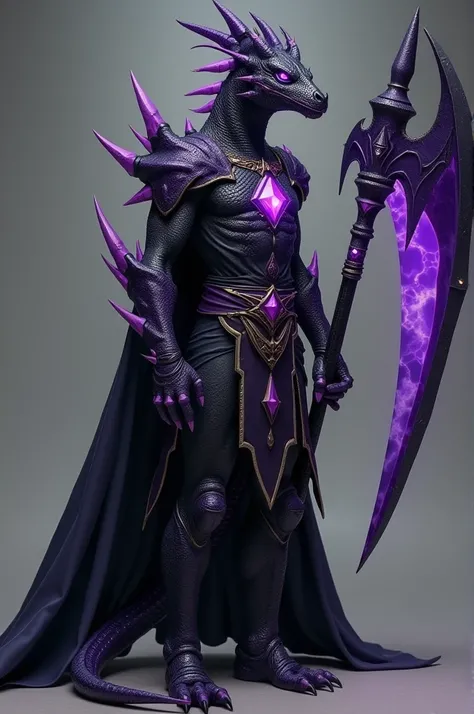  I want a Draconate Half Lizard , Half Gem Dragon , with purple crystals on the skin and black skin, Without arm, In dark paladin clothes with a full-body battle axe on his back please