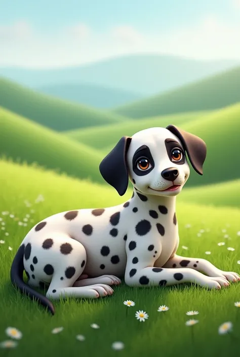 Generate a realistic Dalmatian dog, small and lying on a field