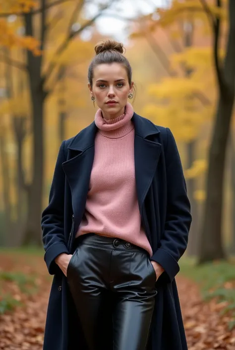 Alexandra Lamy, ses cheveux sont attachés en chignon. Elle porte un pull col roulé rose clair, un pantalon en cuir noir brillant et un pardessus 3 quarts bleu nuit. Elle se tient debout, les mains dans les poches de son pantalon en cuir noir brillant. Elle...