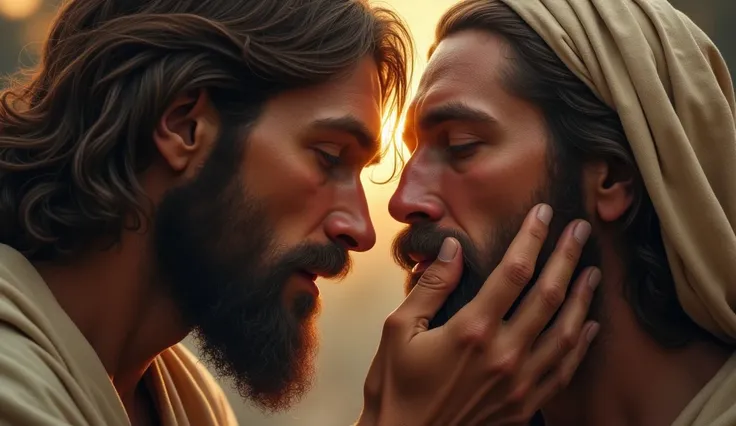 A hyper-realistic close-up of Jesus gently placing His hands on a blind man’s eyes. The man’s expression shifts from despair to hope as light begins to shine through the blurred background."