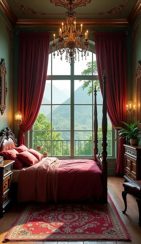 A bed room to rest with a romantic atmosphere in the Victorian design style with a view.