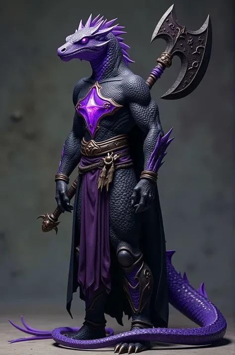  I want a Draconate Half Lizard , Half Gem Dragon , with purple crystals on the skin and black skin, Without arm, In dark paladin clothes with a full-body battle axe on his back please