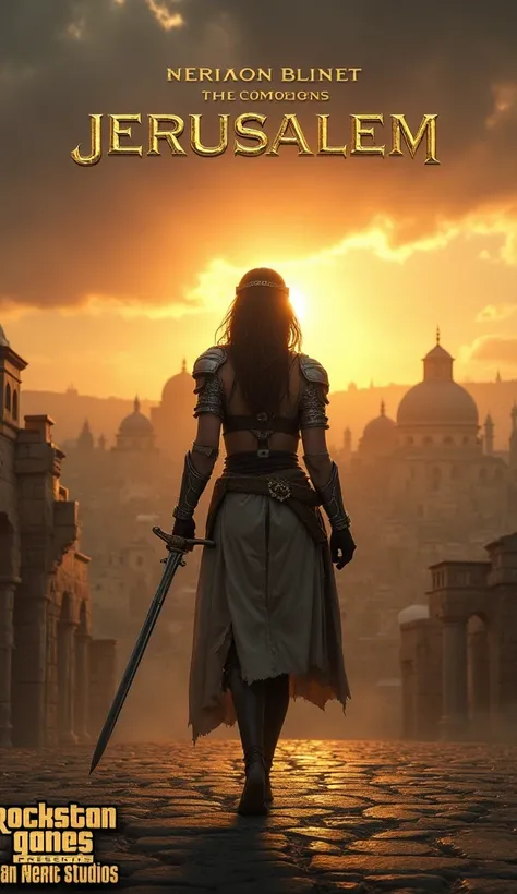 "A cinematic video game poster inspired by 12th-century Jerusalem. It features a Templar-like woman with a determined look, clad in medieval armor and holding a sword, walking towards the viewer with the iconic skyline of Jerusalem in the background, inclu...