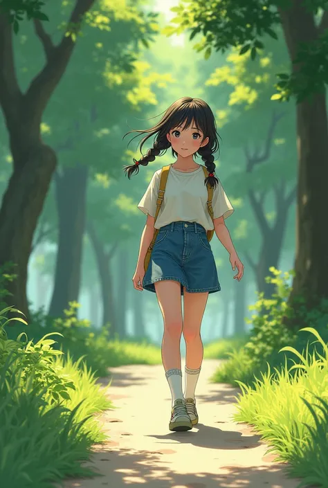 Walking through the park,  Realistic style, short denim skirt ,socks,two braids,junior school