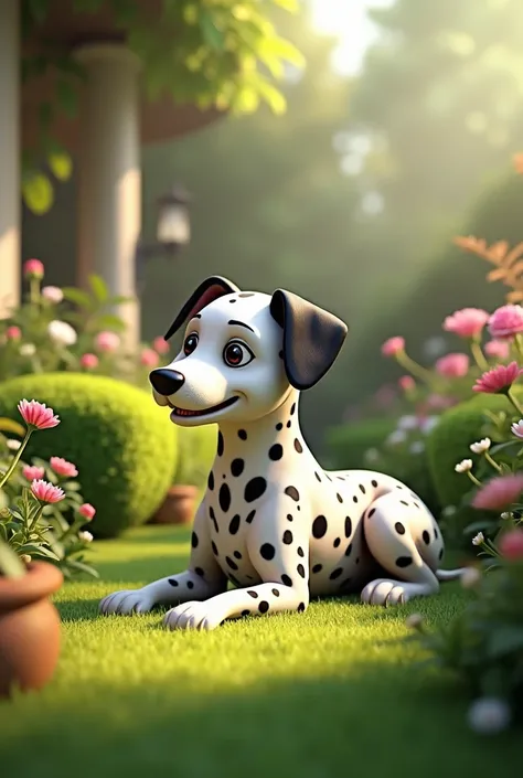 Create a realistic Dalmatian dog, small and lying in a garden