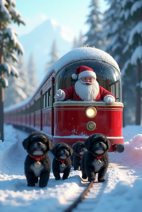 Glass-roofed train for Santa Claus ,  on snowy tracks and black Shitzu dogs with white fur on their chests and Christmas message