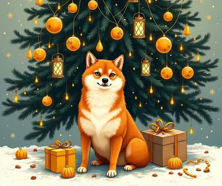  Draw a red Shibu Inu dog ,  that is sitting under the Christmas tree.  On the Christmas tree, bright yellow decorations, black and white colors, lanterns are burning. snowflakes are falling,  Christmas tree . Yellow garland . 

 Image style - drawing , Po...