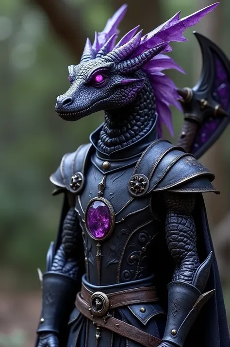 I want a draconate half crocodile half dragon gem ,  with purple crystals impregnated in the skin and dark skin , without an arm,  with dark paladin clothes with a full-body battle axe on the back please