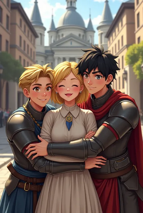 A girl, blonde with very short hair,  walking around hugging three boys , one is blonde, another dark-haired boy ,  and the last black-haired boy ,  all handsome and happy . In the background an academy and them in armor