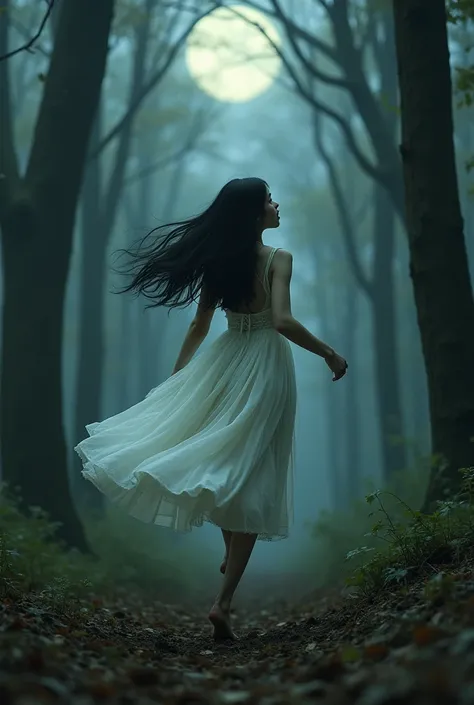 a picture of a pale girl running backwards with long black hair in a white dress in a forest at night.