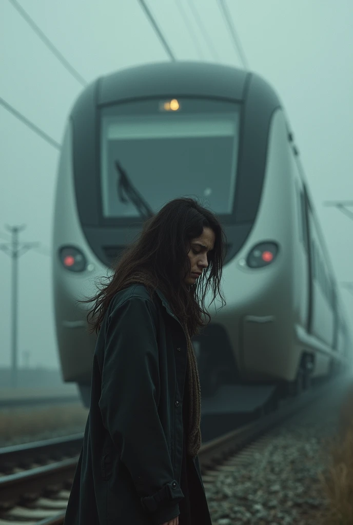 Créer moi une image triste dune femme avec beaucoup de vent très proche dun train moderne vu de dos 