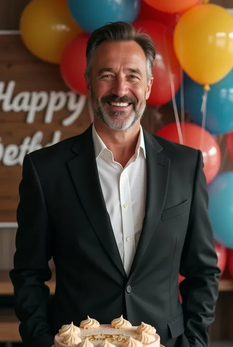 REAL MAN,  short hair, Black suit, He brought out open , camisa blanca,  white skin ,  full body, behind a sign that says happy birthday ,  Small cropped beard ,  the first buttons unbuttoned ,  showing a little bit of the black gold silver , happy,  in fr...