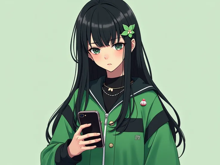 Create a black haired teenage girl with sweet hair ornament ,cool green and black outfit with sweets ,and a cell phone ,with system failure, sad eyes. Photo real 4k

