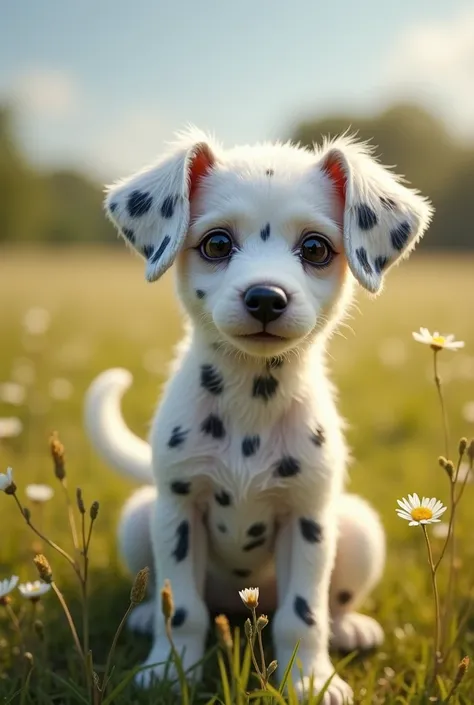 Create a small and furry realistic Dalmatian dog in a field