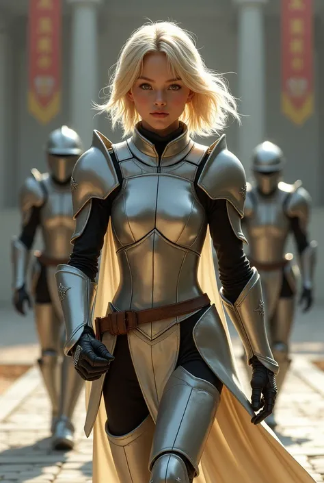 A girl in blond armor with very short hair, Walking and behind her three shadows of men, In the background an academy and them in armor