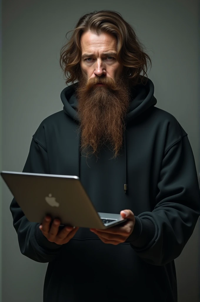 A charismatic and sad, brown-haired teacher with a long beard and a black hoodie holds a laptop