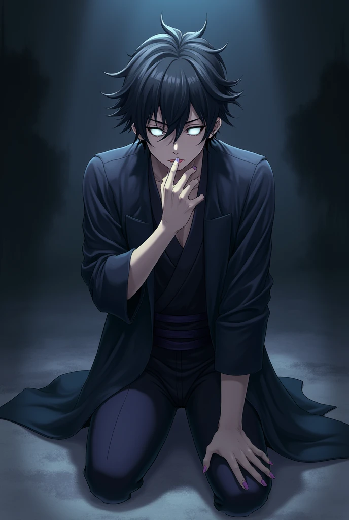  Kyojuro Rengoku , Very handsome , effeminate,  is kneeling asking for forgiveness with one in his mouth