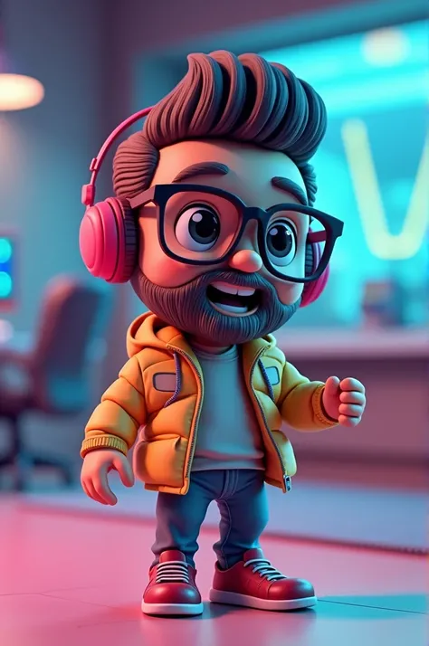  Generate a 3D cartoon style image to be a character similar to me ,   light brown with dark brown eyes and short dark brown hair,  gray beard ,   I wear modern glasses and futuristic clothes Im fun and playful  , Streamer and I make live games  