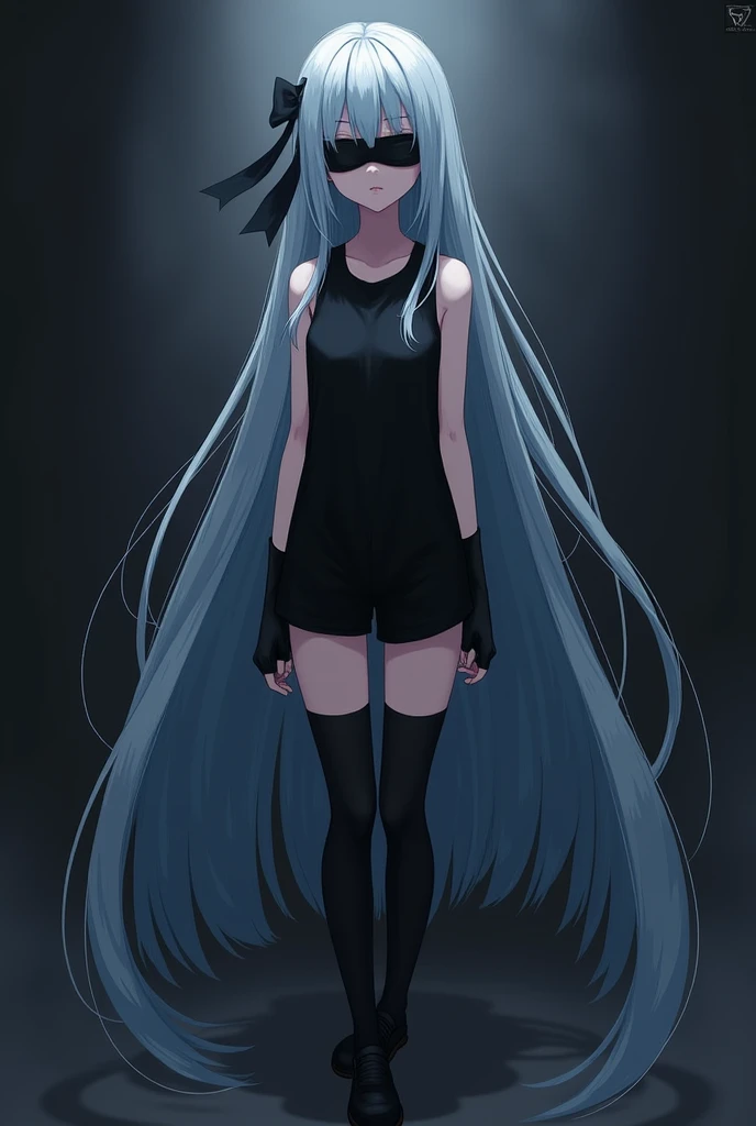  Create an anime girl she has long light blue hair,  black clothes , sleeveless black shirt,  black short shorts , long black socks,  black shoes , fingerless gloves and she wears a black blindfold to cover her eyes  