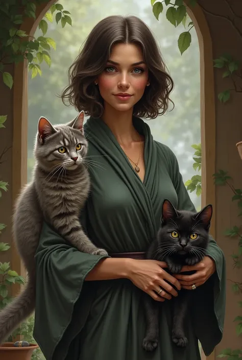 Tableau sorciere  gentille brune  cheuveux carre plongeant 40ans avec un chat maine coon gris a poil long et un bebe chaton bengal noir