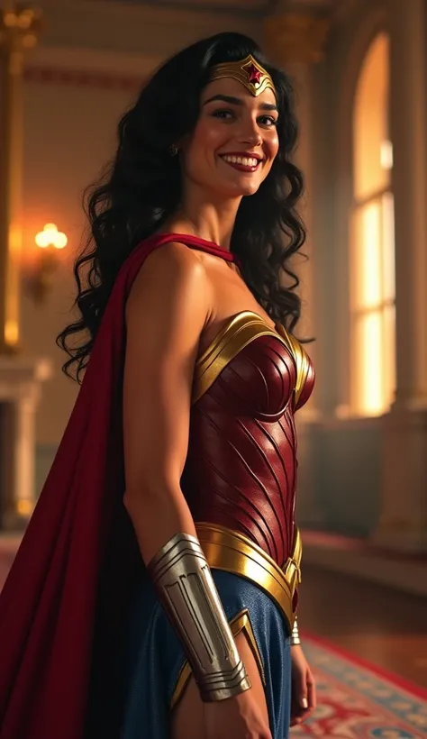 Wonder Woman standing in the kings room. smiling