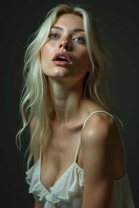 Beautiful woman with white long hair and green eyes kneeling、Close your eyes、Open your mouth、Looking up、The woman&#39;s face is wet with clear mucus、Woman&#39;s mouth overflows with clear water、Beautifully detailed face and nose、Wide open detailed mouth、La...