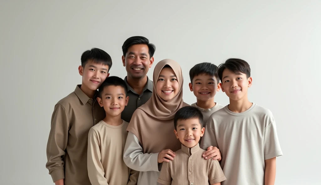 A photorealistic, family photo, 7 PEOPLE; 1 MAN straight short hair, 1 WOMEN  wearing hijab moslem, and 5 BOYS short hair. Realistic, perfect object, perfect anatomy, studio photo white minimalis, high resolution, dim light, blurry background. 