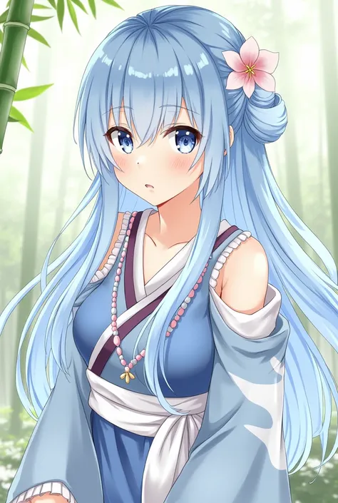  masterpiece,  best quality ,  official art , 8K-Wallpaper,  very detailed, Illustration,  1 girl, sky blue hair,  long hair,  detailed eyes,  bare shoulders, Hanfu, See, rein,  soft smile, Bamboo, Tee