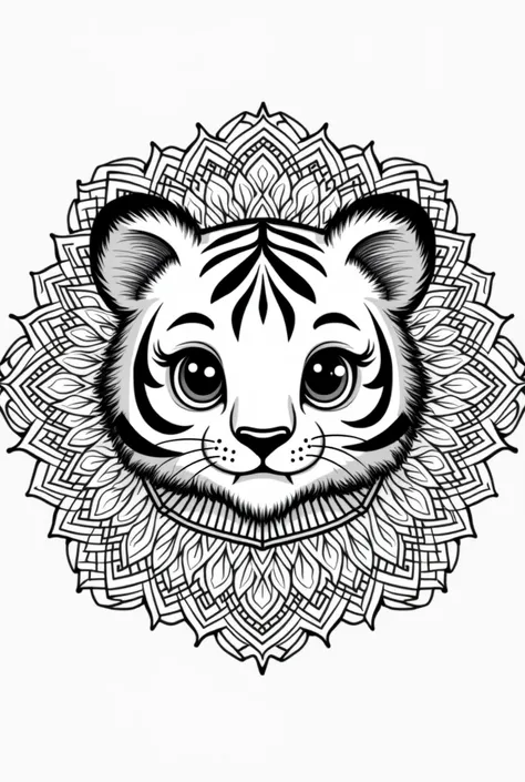 black and white mandala in cute tiger face, line art, detailed background