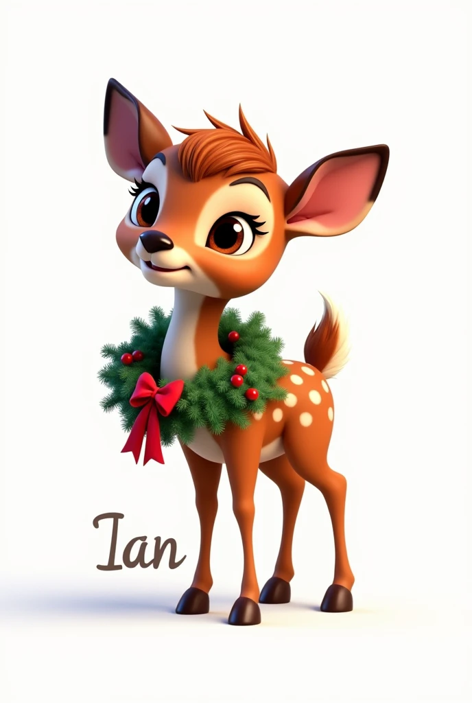 Baby deer with Christmas wreath on the neck animated with a white background and written on the bottom part Ian 