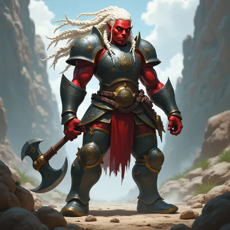 a young 2 meter tall muscular red skinned orc woman aged 21 with white dreadlocks a light plate armor and a hand ax