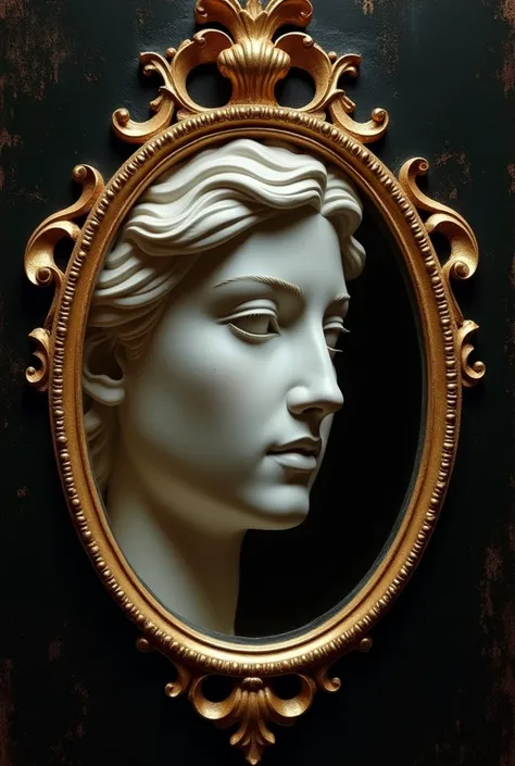  A sophisticated image with a vintage gold mirror,  reflecting a classic-style face , sculpted as marble .  The background is black with touches of soft golden sheen ,  symbolizing refinement and self-perception .