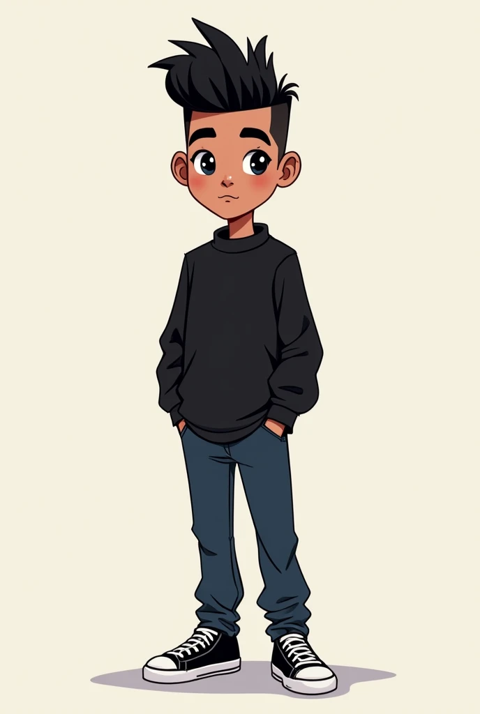 Draw me a picture like a cartoon with tall  , skinny  ,  Black hair, hairstyle and black eyes that he is a half-brown male and that appears all his body c
Wear a black sweater, dark blue pants and black sneakers as clothes. 
