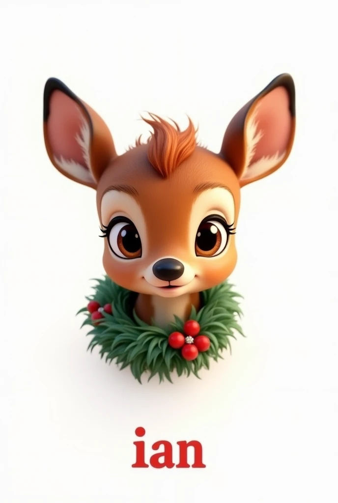 Baby deer with Christmas wreath on the neck animated only the face with a white background and written on the bottom part Ian 