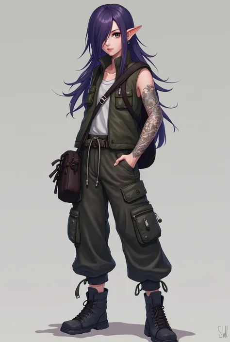  Create a token character with one black eye and the other purple with an exercise vest with several pockets a cargo pants with several pockets, a bag ,  and long hair near the droopy ear , Homen token RPG character, without tattoo 
