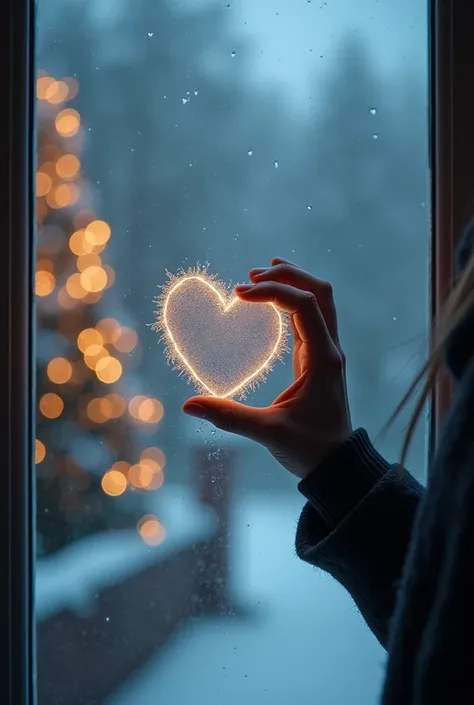 image: A window blurred by the cold ,  with one hand drawing a heart on the glass ,  while Christmas lights shine softly in the background.