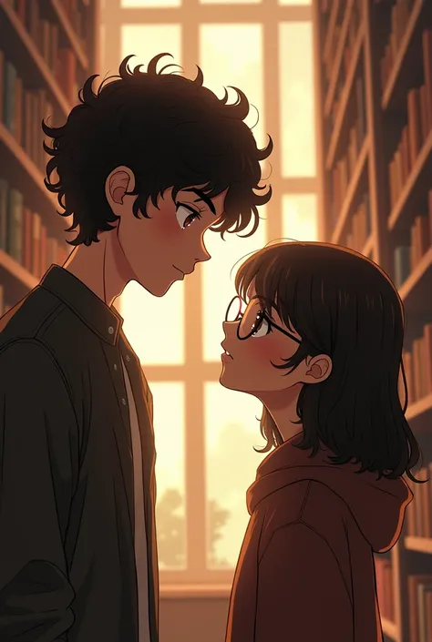 too much curly  hair brown hair brown eyed tall boy and 
hair with bangs, brown eyed glasses girl eye contact in library