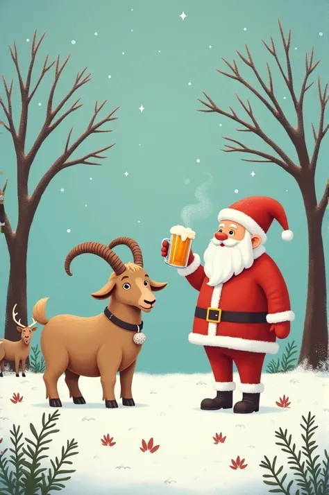 Two goats ,  two trees in the background ,  theres snow and a reindeer ,  and Santa Claus drinking beer 