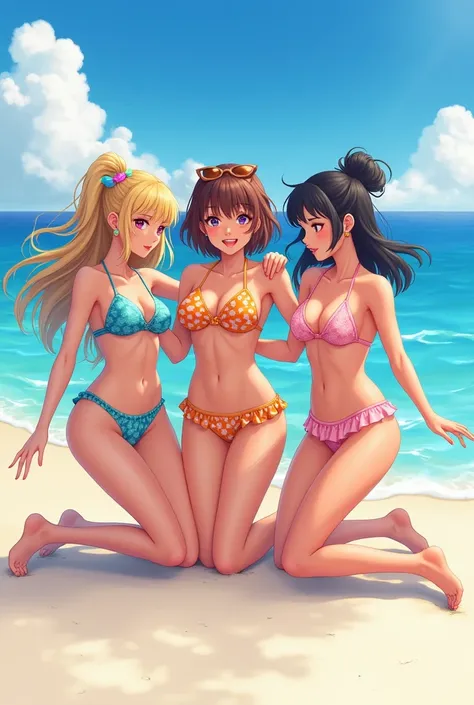 Picture of a group of  girls in bikinis playing on the beach