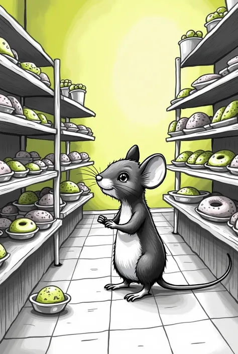 black and white cute mouse in candy store, donuts in shelves in the back and lollipops, lime art, no color