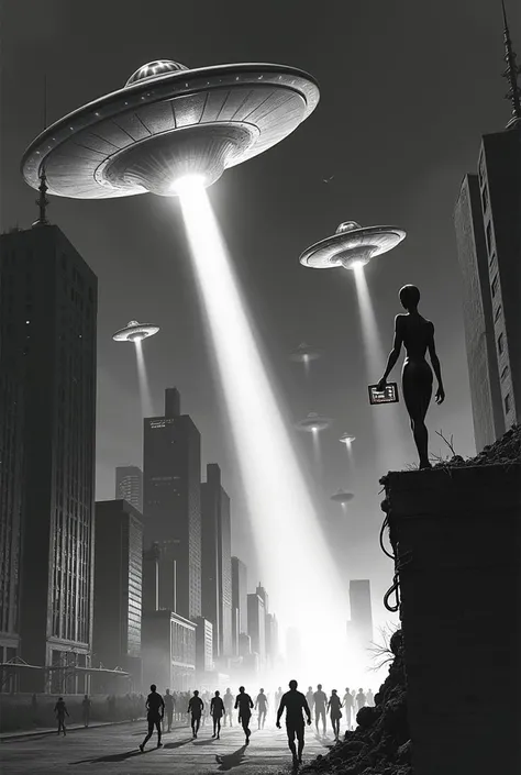 ((A retro-futuristic 1950s city under a dark, starless sky:1.4)), with ((towering skyscrapers illuminated by beams of light from multiple hovering flying saucers:1.5)). In the foreground, ((a sleek metallic UFO emits a destructive laser beam:1.5)), slicing...