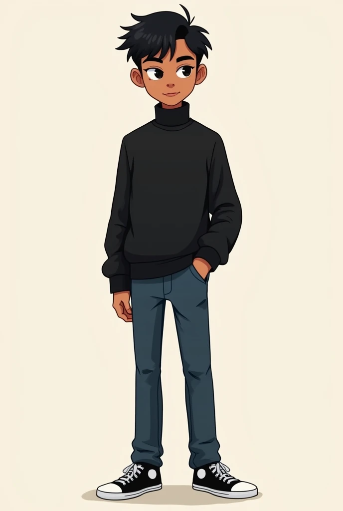 Draw me a picture like a cartoon with very tall  , skinny  ,  short black hair . hairstyle and black eyes that he is a half-brown male and that appears all his body c
Wear a black sweater, dark blue pants and black sneakers plus mixes
