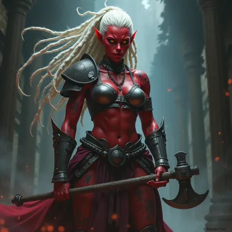 a young red-skinned, scarred, 7-foot-tall demon woman, , with white dreadlocks, light plate armor, and a hand ax