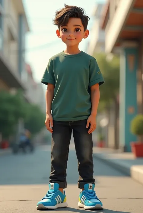  a boy wearing a semi-dark green shirt, black jean and blue Adidas sneakers 