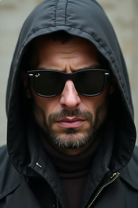 Create a realistic image of a man wearing black Rayban warfarer 2140 sunglasses and a hooded coat 