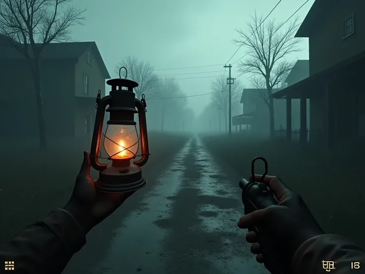 Here’s an updated prompt for a first-person perspective (FPS) horror game scene set in a silent, abandoned town, similar to Outlast 2:

"A first-person perspective horror game screenshot set in a silent, abandoned town. The player’s hands, visible in the f...