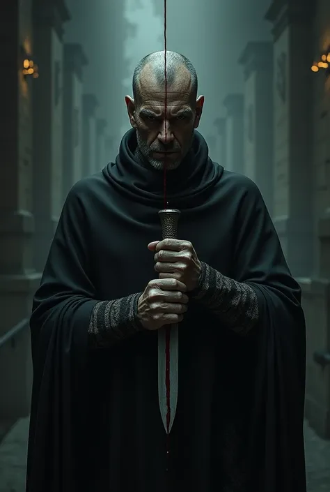 Macbeth holding the dagger in his palms with both hands he used to kill duncan with blood on it. With a line drawn down the middle of the screen to split the image showing the devilish side of macbeth conveying avarice and the other side conveying guilt